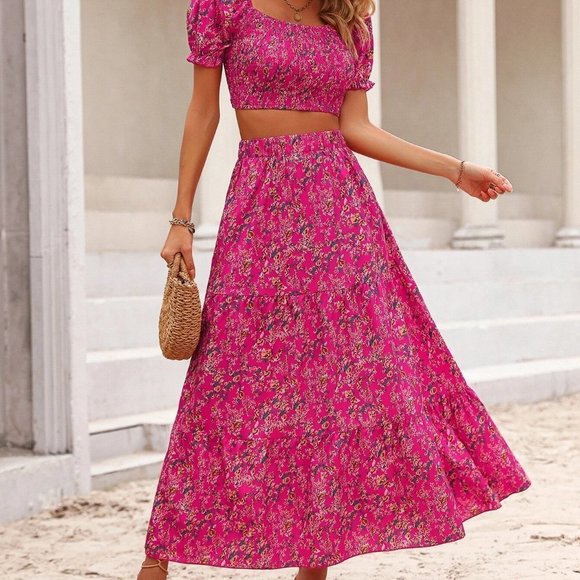 Boho Ditsy Floral Print Puff Sleeve Crop Blouse & Ruffle Hem Skirt pink - Picture 4 of 5